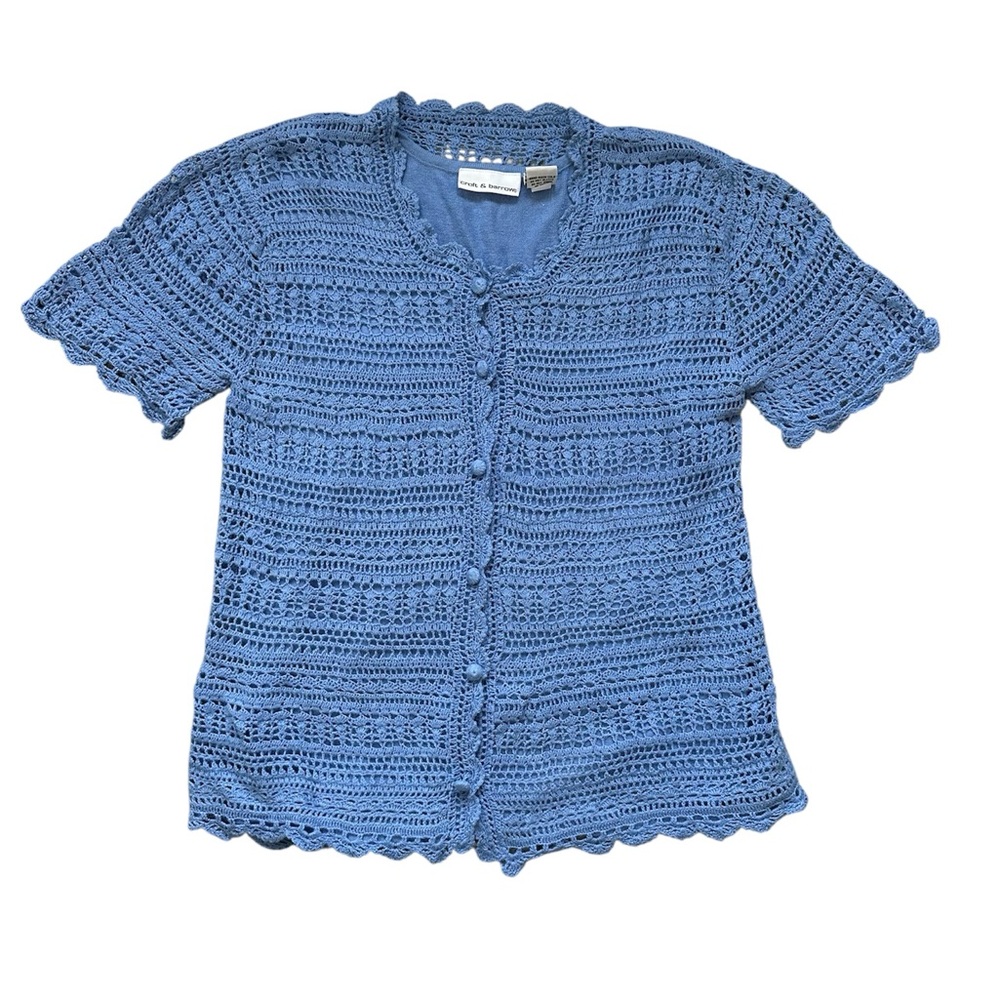 Cottagecore, sweet crochet short-sleeve button front cardigan.Twee, grandma chic
